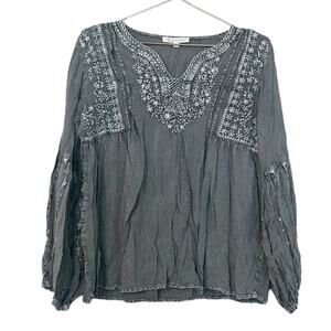 Solitaire Top Medium Gray Embroidered Boho Long Sleeve Peasant Blouse Womens